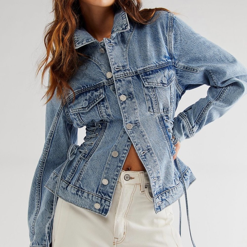 Lana Denim Jacket by Aureta @ Free People XS Color Blue Fawn NWT - Picture 1 of 12